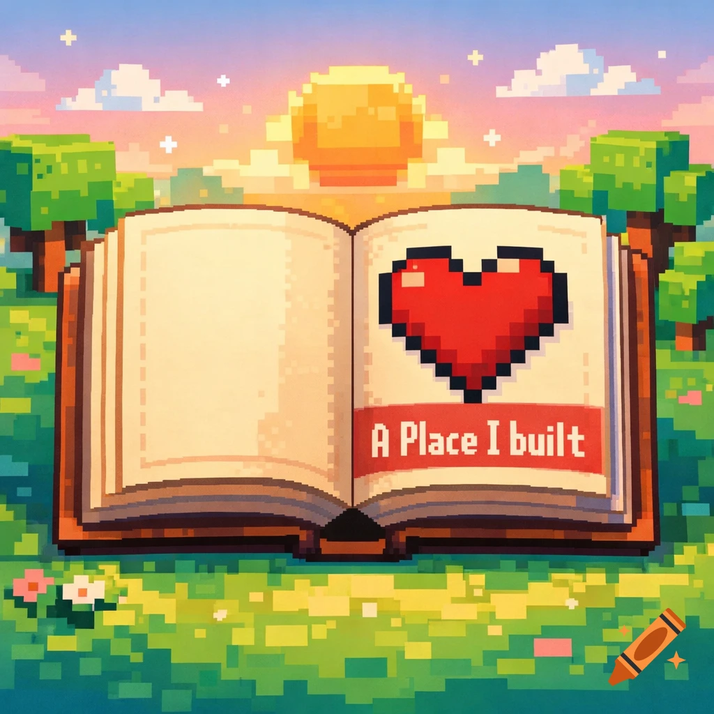 Pixel art of an open book with a red heart and "A Place I built" on the page, set in a sunset landscape with trees.