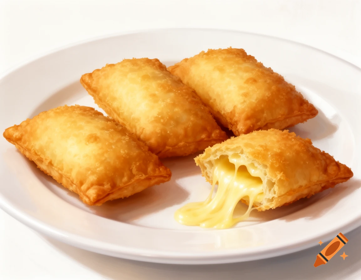 Four golden fried cheese pastries on a white plate, one broken open with melted cheese stretching out.