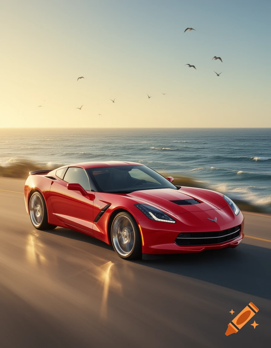 A red Corvette sports car drives along a coastal road at sunset, with the ocean and seagulls in the background. The image is photorealistic with motion blur.