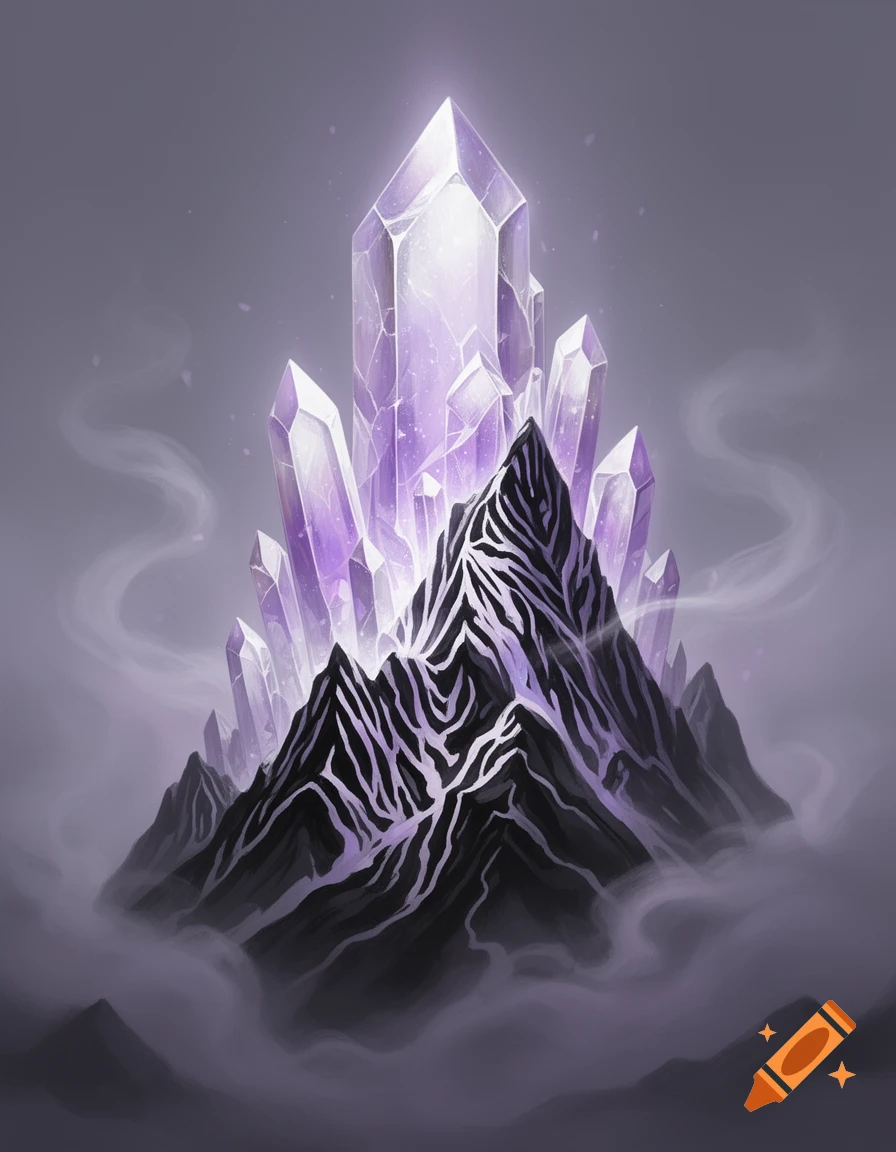 A mystical mountain adorned with large, glowing purple crystals, rendered in a stylized digital illustration.