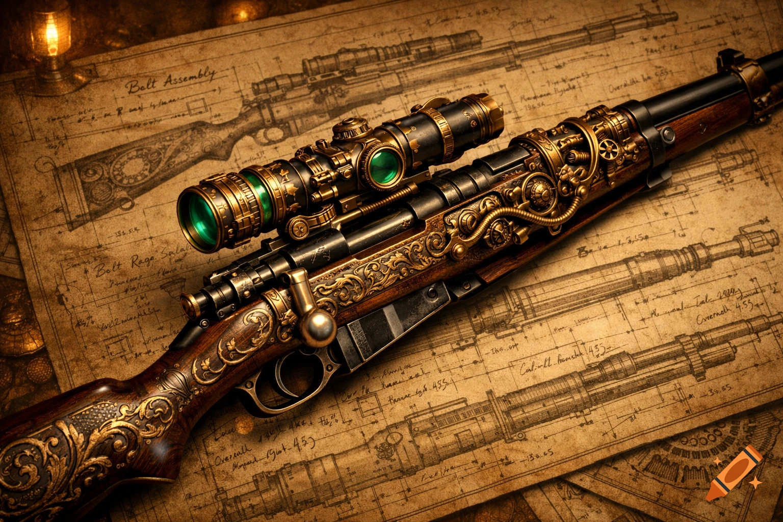 A detailed steampunk rifle with a scope lies on old, detailed weapon ...