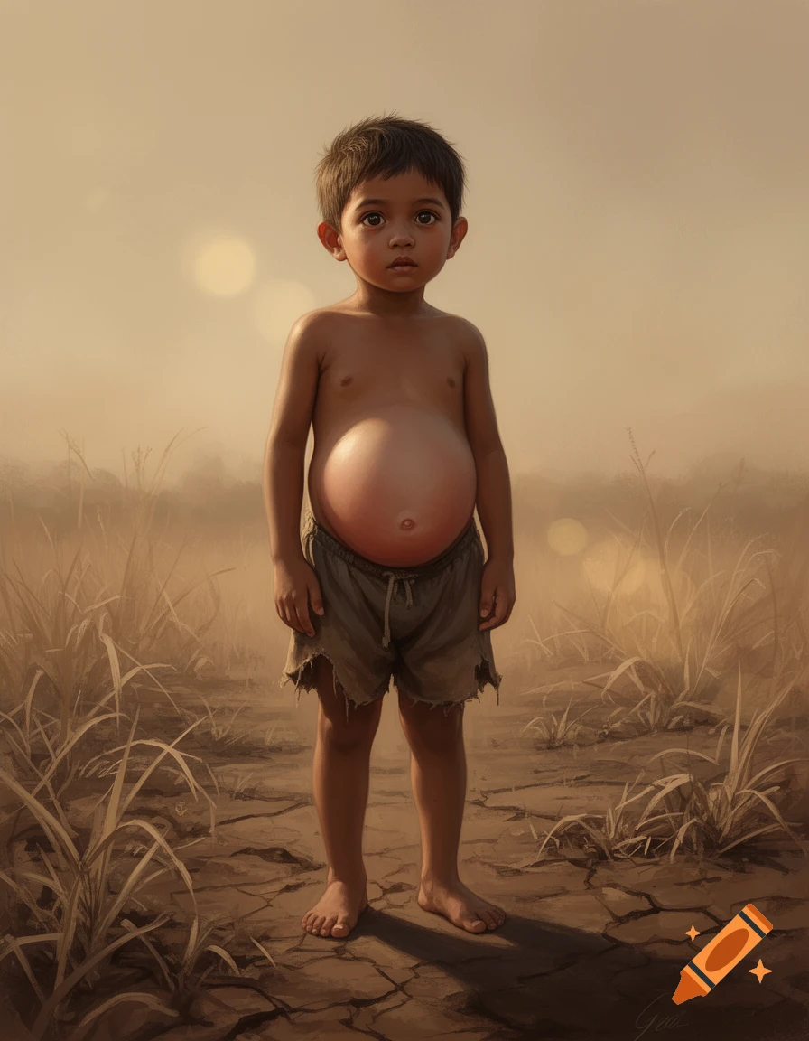 A young boy with a distended stomach stands in a dry, cracked field with sparse grass, under a hazy, muted sky.