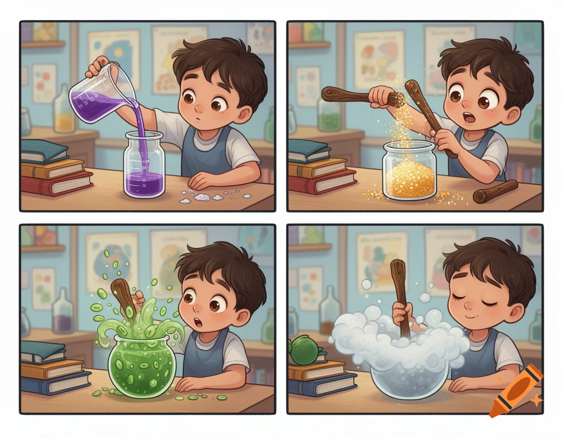 A four-panel comic strip shows a child making a potion in a classroom. They pour liquid, sprinkle powder, stir a green bubbling potion, and watch it become cloudy.