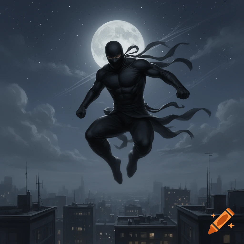 Stylized illustration of a ninja in a black suit leaping above a dark city under a full moon.