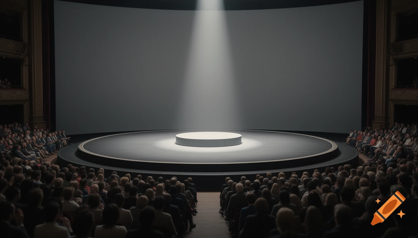 A photorealistic cinematic view of a theatre audience facing a circular stage with a raised dais, lit by a single spotlight.
