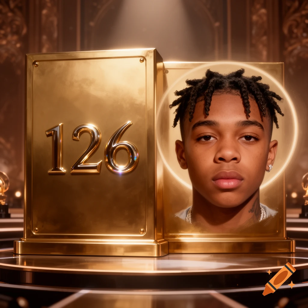 A young boy's face next to a golden plaque with the numbers 126 in a glossy, realistic style.