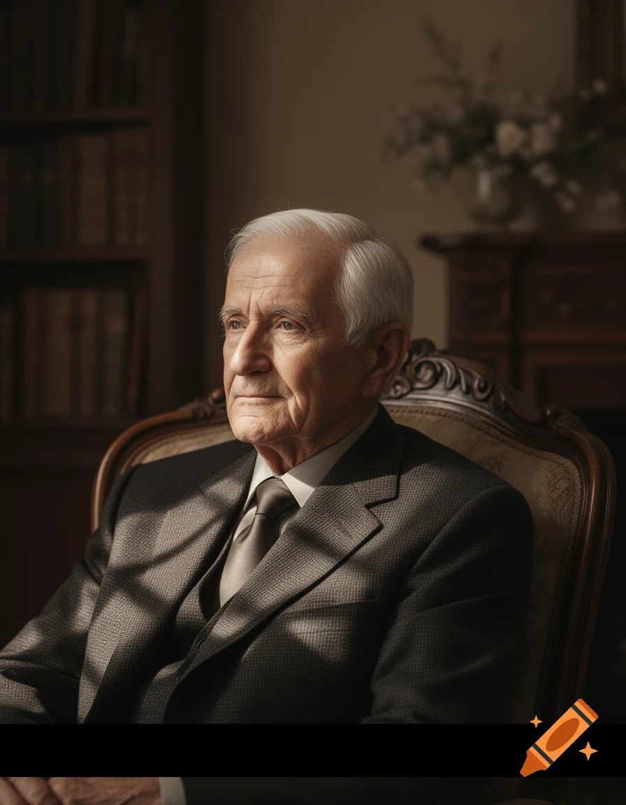 Photorealistic portrait of a distinguished older man with white hair in a dark suit, sitting in a vintage chair in a sunlit study.