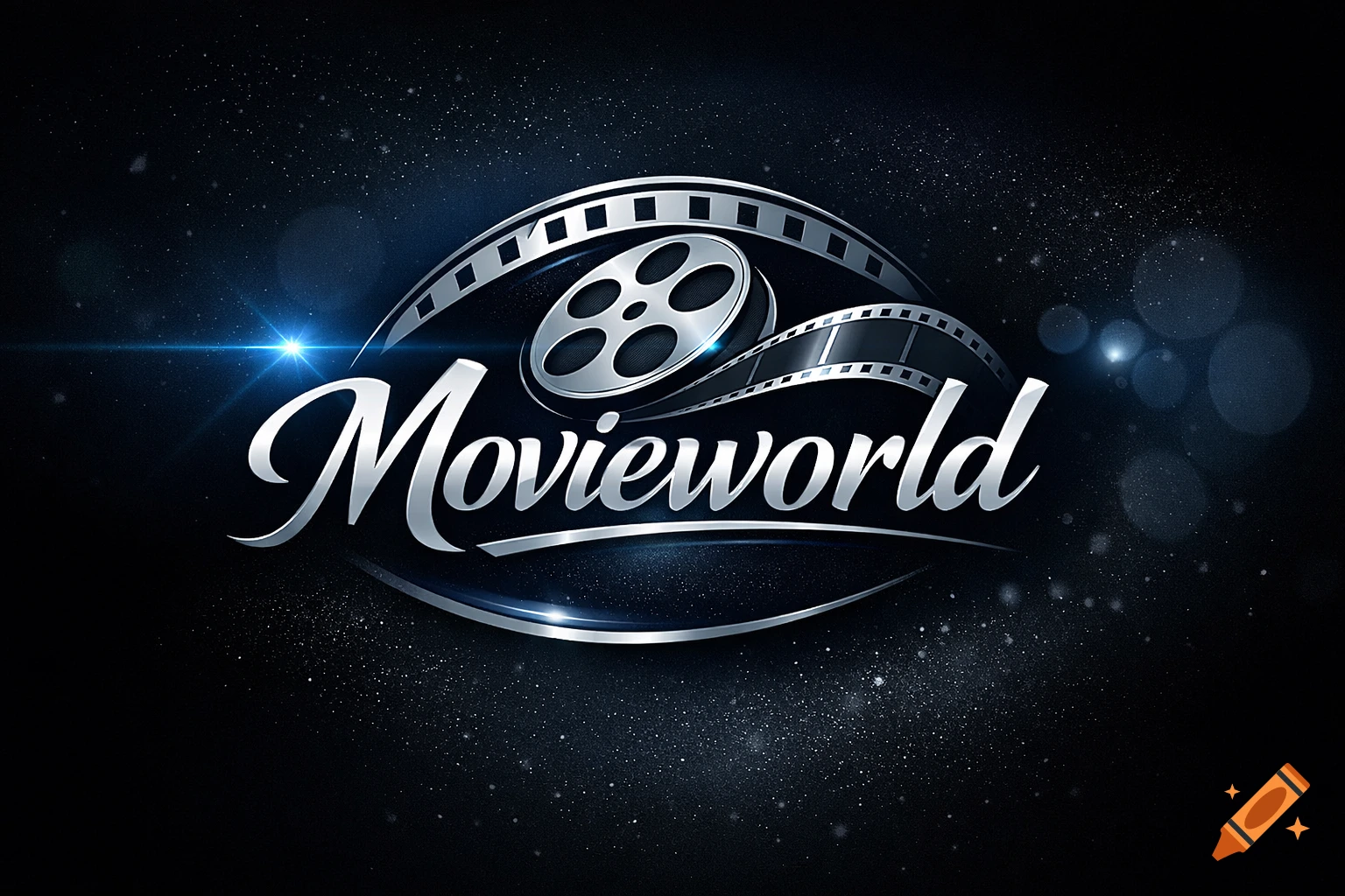 Silver metallic 'Movieworld' logo with a film reel and strip on a dark, star-filled background with blue lens flares.