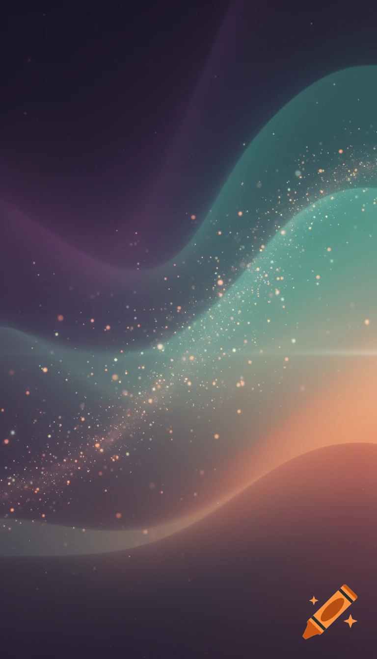 Abstract background with glowing orange particles swirling through smooth waves of dark purple, teal, and soft orange gradients.