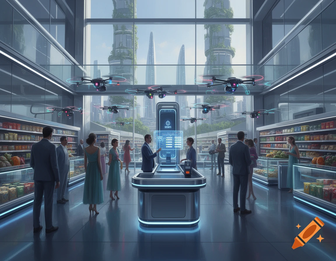 A futuristic supermarket with customers, self-checkout kiosks, and drones flying overhead, showcasing a city with skyscrapers.