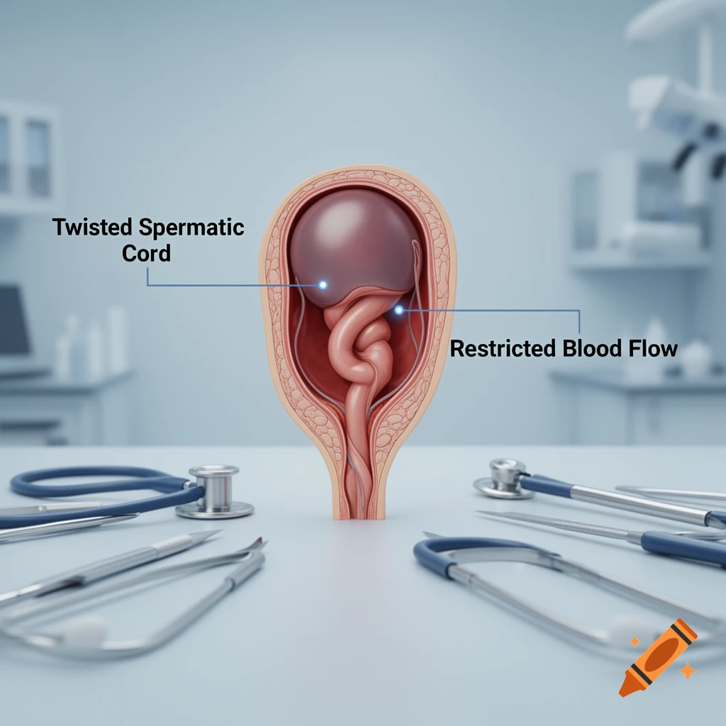 3D medical illustration of testicular torsion showing a twisted spermatic cord and restricted blood flow, with medical tools in the background.