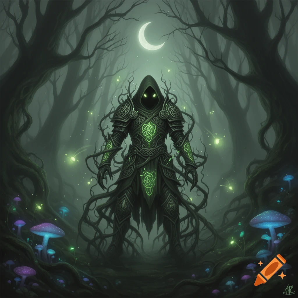 Dark hooded knight in root-covered armor with glowing green Celtic ...