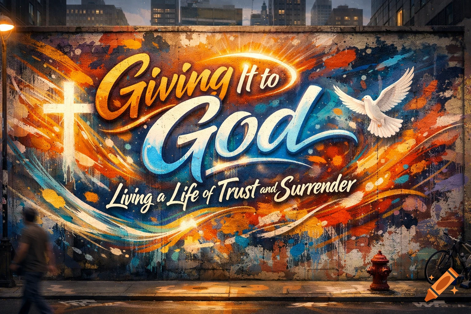 A vibrant graffiti mural on an urban wall reads 'Giving It to God: Living a Life of Trust and Surrender' with a cross and dove, a person walks by.