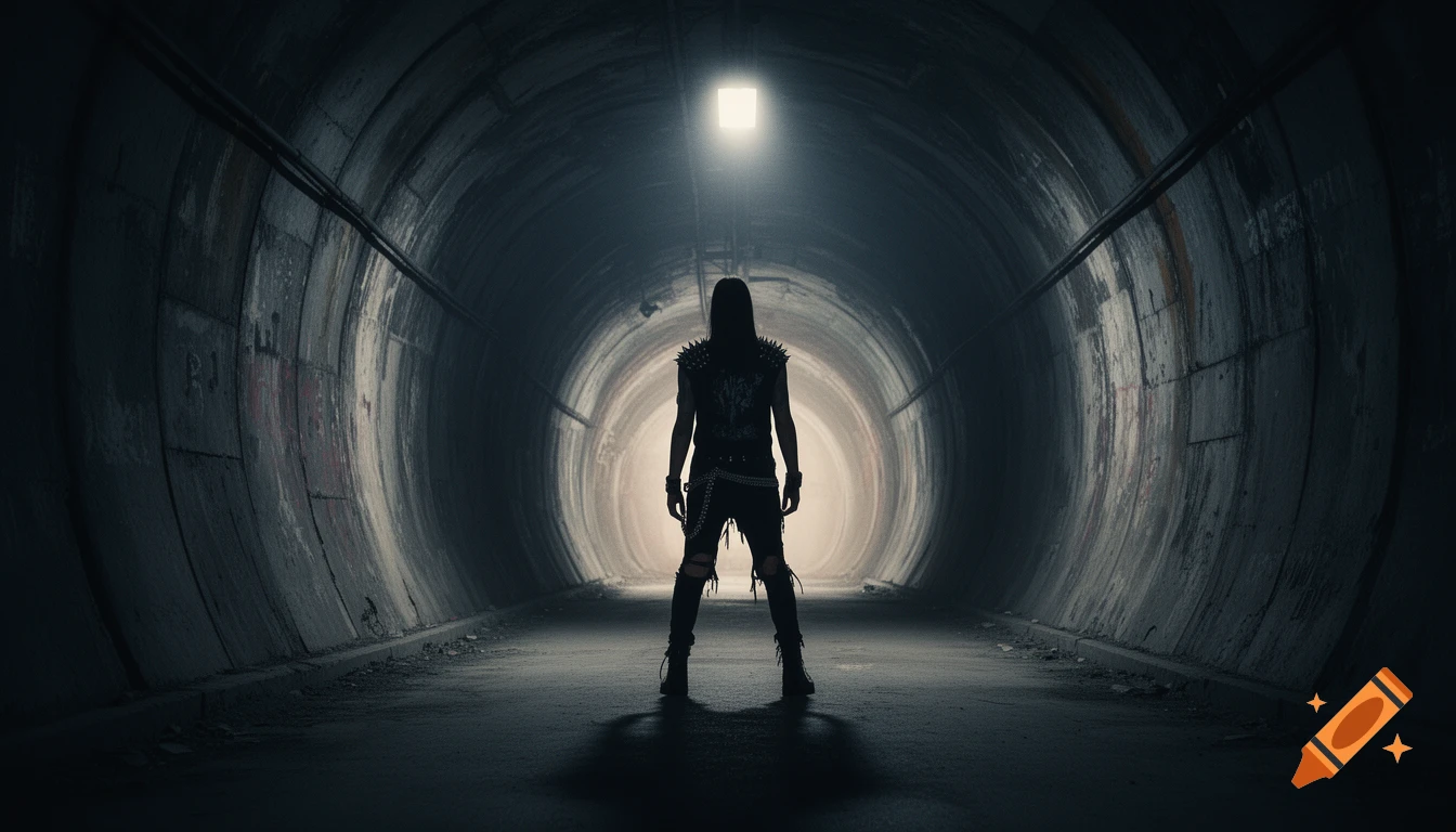 A lone person silhouette with a punk-rock aesthetic stands in a dark tunnel, facing a bright light at the end in a dramatic, moody style.