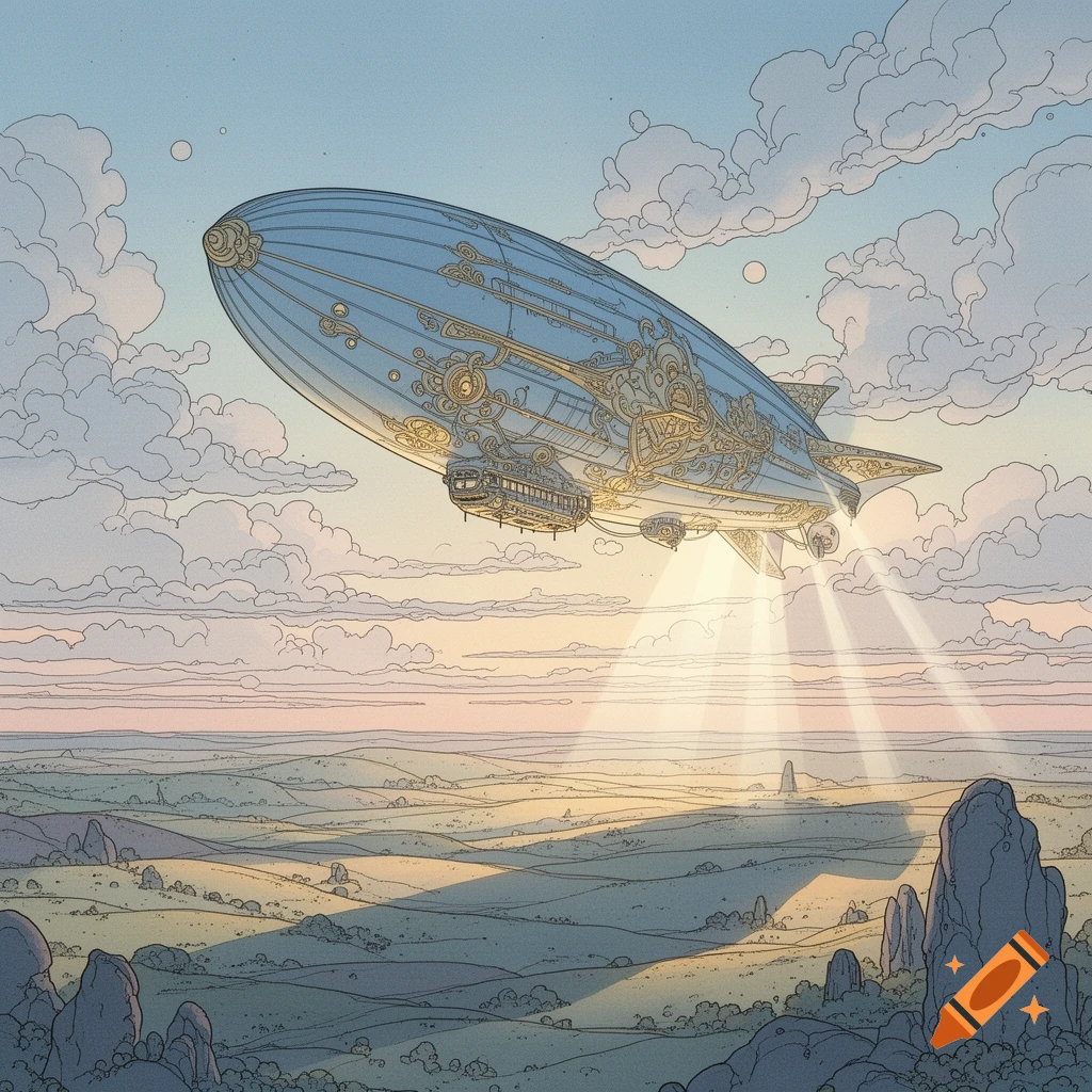 An ornate, blue blimp with golden details flies over a stylized, rolling landscape during sunset, rendered in a detailed line art style.