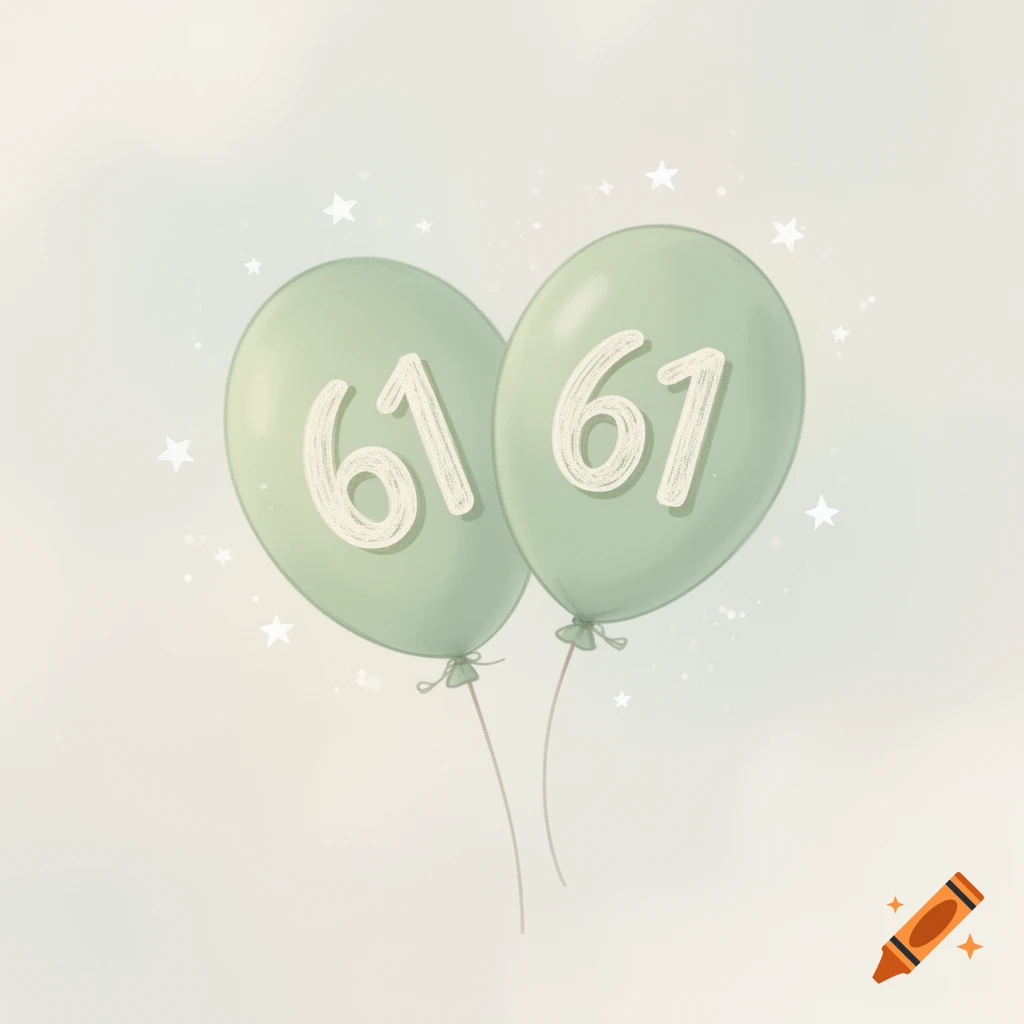 Two pastel green doodle-style balloons, each displaying the number 61, float against a soft background with small stars.