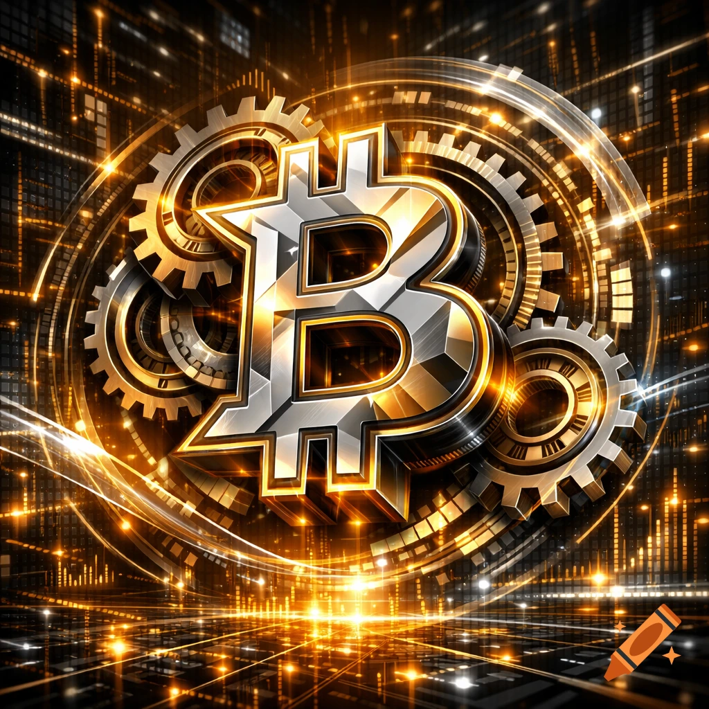 Metallic Bitcoin logo with gears and glowing digital lines on a dark, futuristic background.