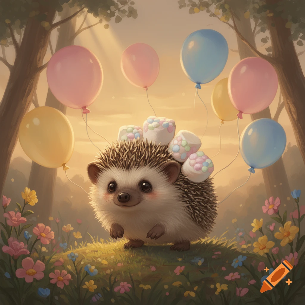 A cute hedgehog stands in a whimsical forest, surrounded by pastel balloons and wildflowers, with marshmallows on its back.