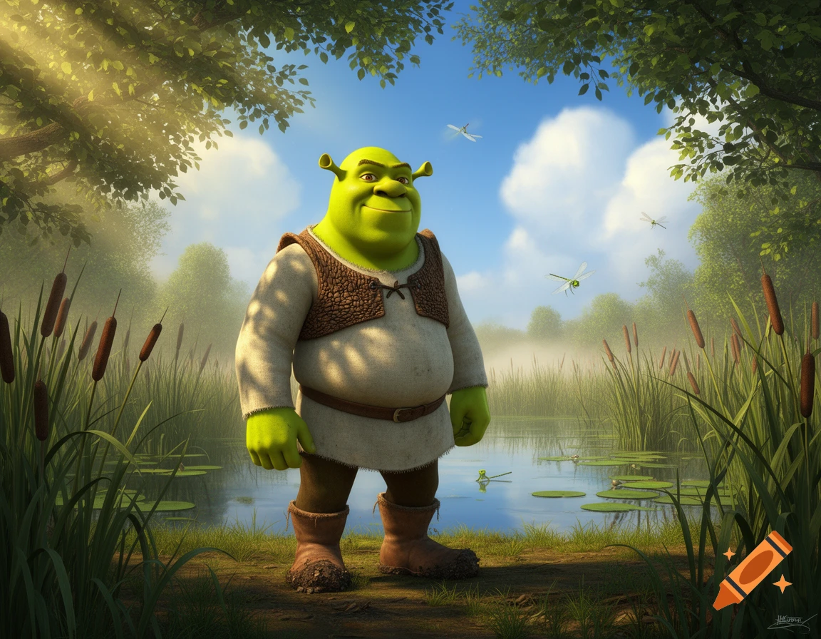 Shrek in peasant clothes stands in a sunlit, misty swamp with cattails and lily pads, with dragonflies flying under a blue sky.
