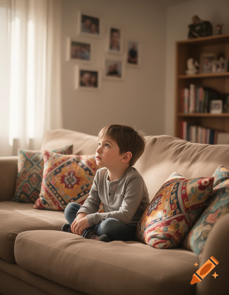A young boy sits criss-cross applesauce on a beige couch, looking up with a thoughtful expression in a cozy living room.