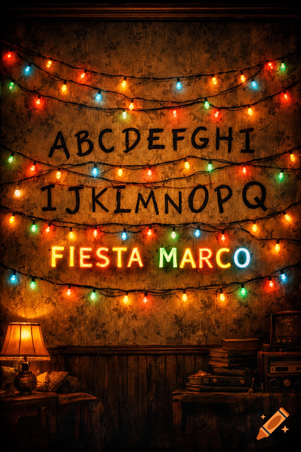 A dark, retro-style wall with painted alphabet letters and string lights spelling "FIESTA MARCO," evoking a Stranger Things aesthetic.