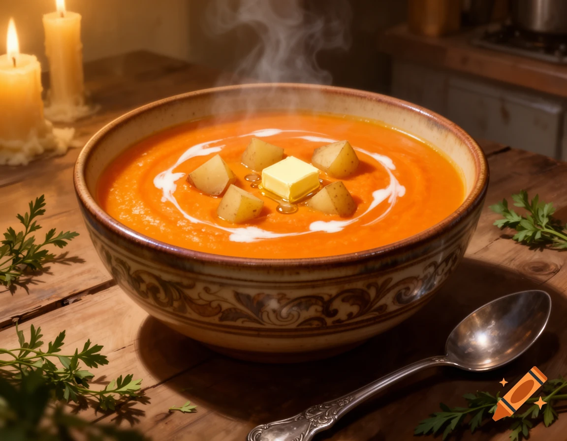 Steaming bowl of orange soup with potato chunks, butter, and cream swirls on a wooden table with lit candles and parsley, photorealistic.