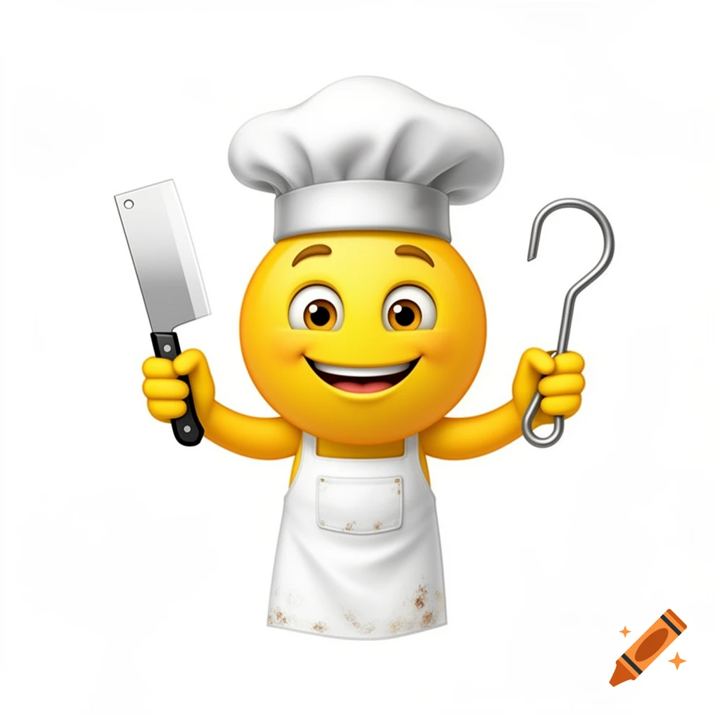 A smiling emoji chef wearing a white toque and apron, holding a silver cleaver in one hand and a meat hook in the other.