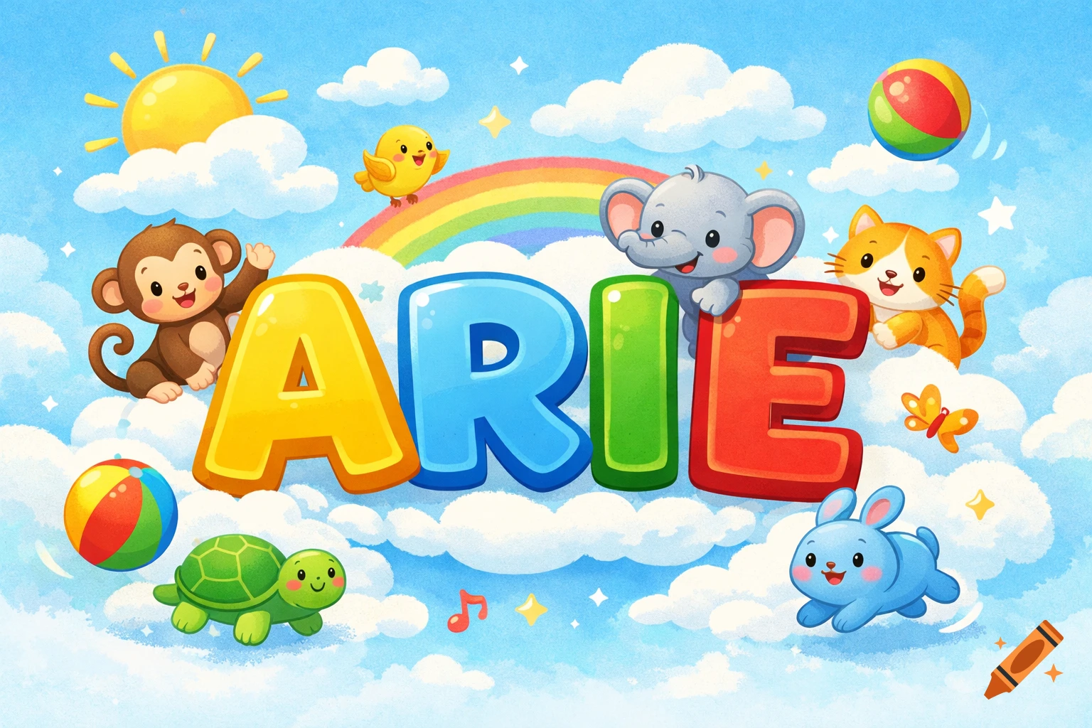 Whimsical children's illustration with cartoon animals like a monkey, elephant, cat, turtle, and bunny around colorful block letters ARIE, amidst clouds, sun, and a rainbow.