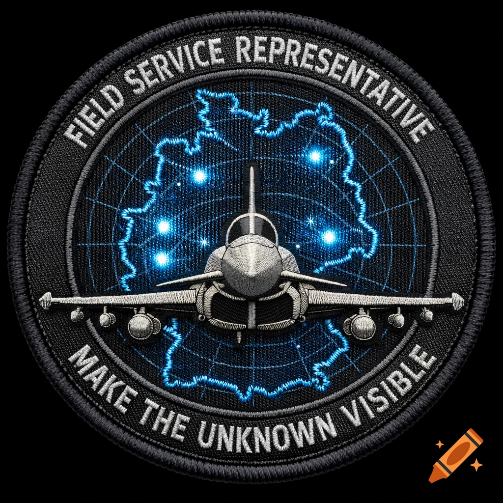 A round, embroidered military patch featuring a Eurofighter jet over a glowing blue radar-style map of Germany, with text "FIELD SERVICE REPRESENTATIVE" and "MAKE THE UNKNOWN VISIBLE".