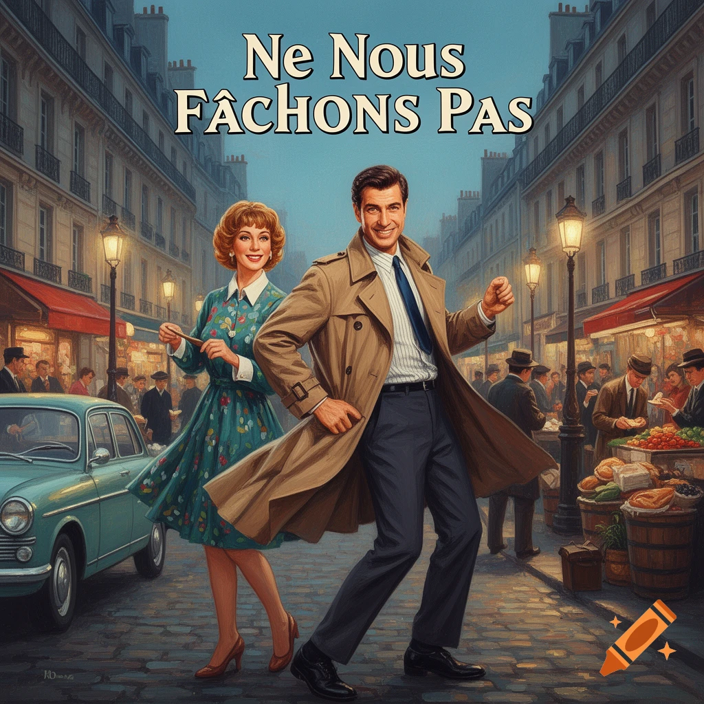A man and woman in 1950s clothing happily dance on a Parisian street with market stalls, with "Ne Nous FÂCHONS Pas" text.