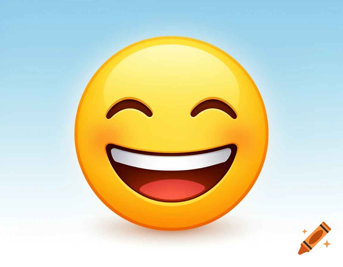 A bright yellow emoji face smiling broadly with closed eyes, white teeth, and a red tongue on a light blue background.