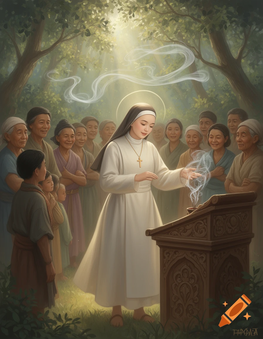 A nun performs a ritual with smoke from a wooden stand, surrounded by a smiling congregation in a sunlit forest clearing.