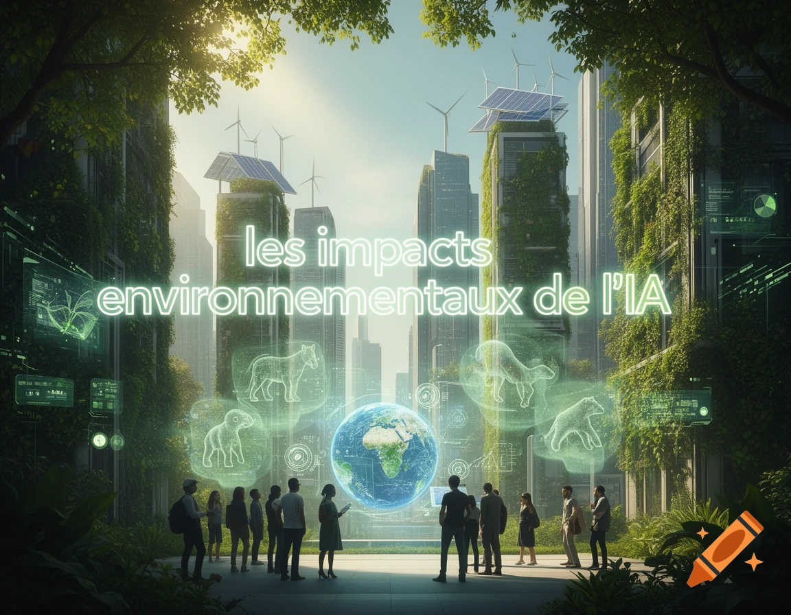 People gather in a modern, green city with vertical gardens, solar panels, and wind turbines, looking at a holographic globe and glowing text about environmental impacts of AI.