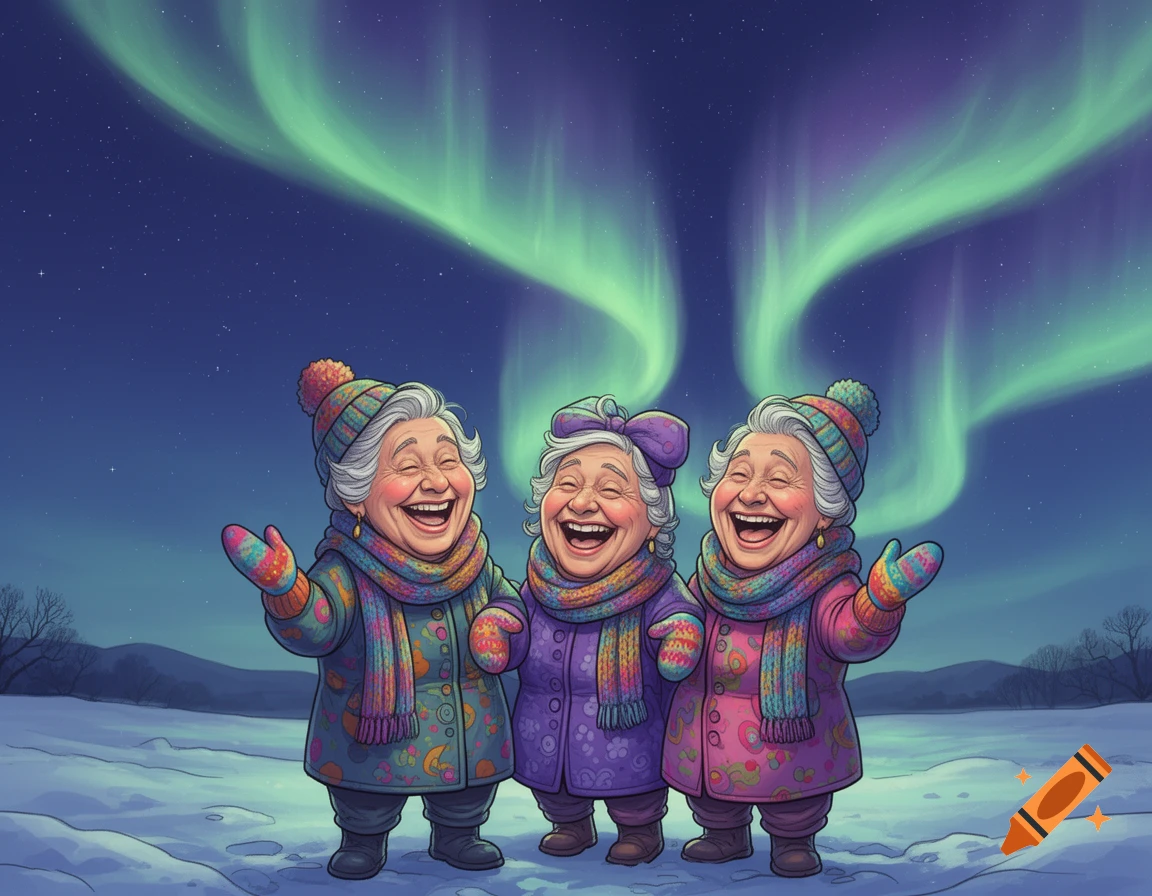 Three cheerful elderly women in colorful winter clothes laughing joyfully under the green and purple aurora borealis in a snowy landscape, in a cartoon drawing style.