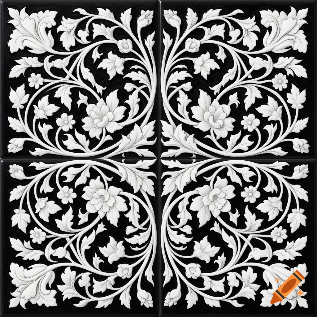 A detailed, symmetrical white floral pattern in William Morris style on a black tiled background.