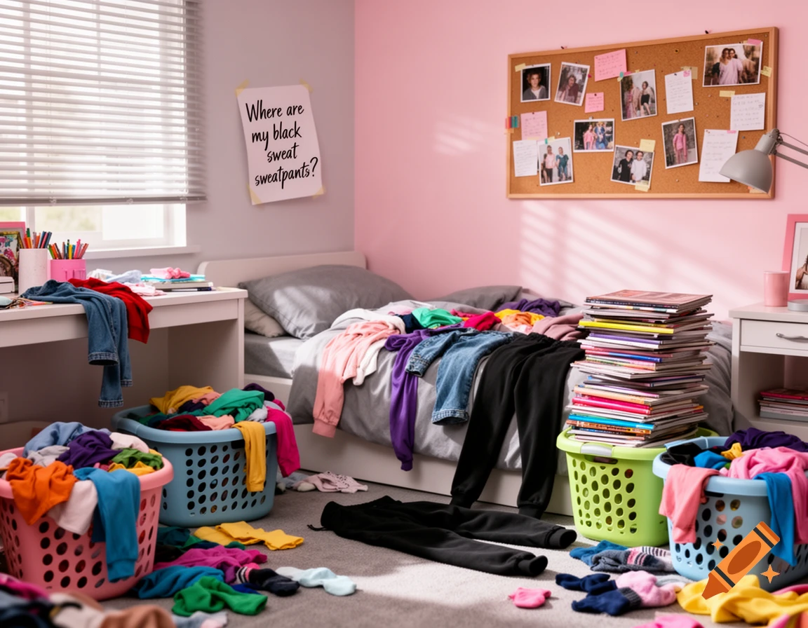 A messy teenager's bedroom with clothes strewn across the floor, bed, and overflowing from several laundry baskets. A note on the wall asks for black sweatpants.