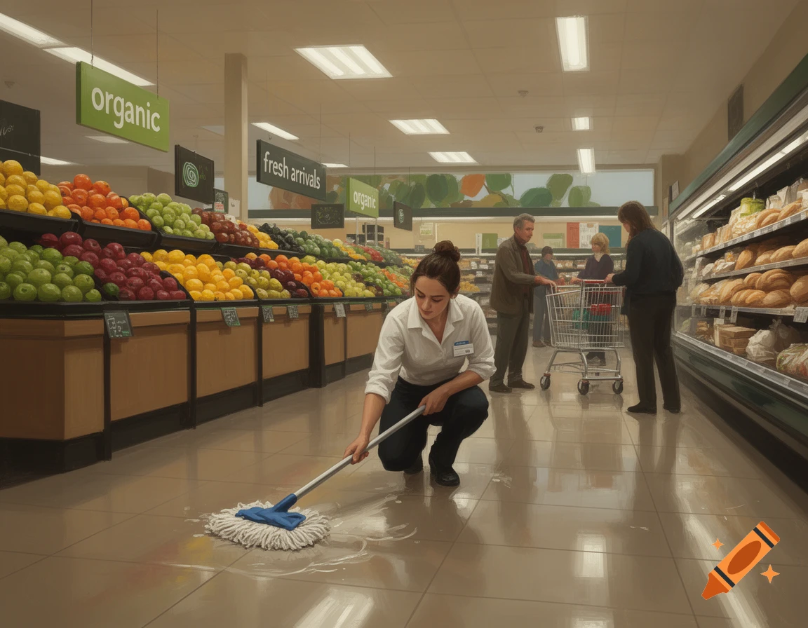 A grocery store employee mops a wet floor near colorful produce aisles while customers shop.