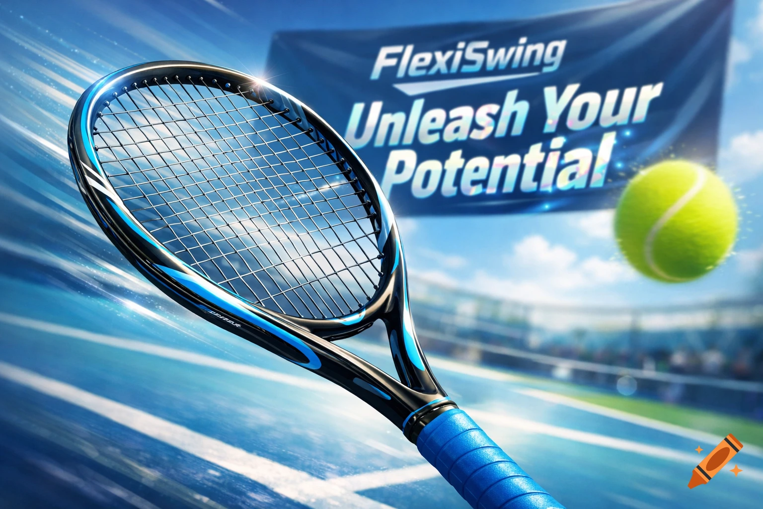 A sleek black and blue tennis racket poised on a bright blue court with a neon tennis ball and a "FlexiSwing" banner in the background.