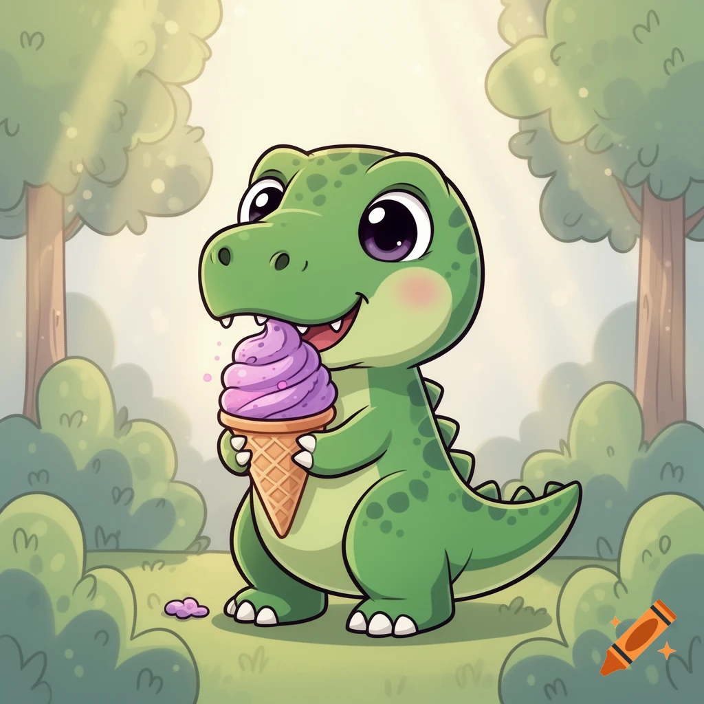 A cute green cartoon T-Rex happily eating purple ice cream from a cone in a forest setting.