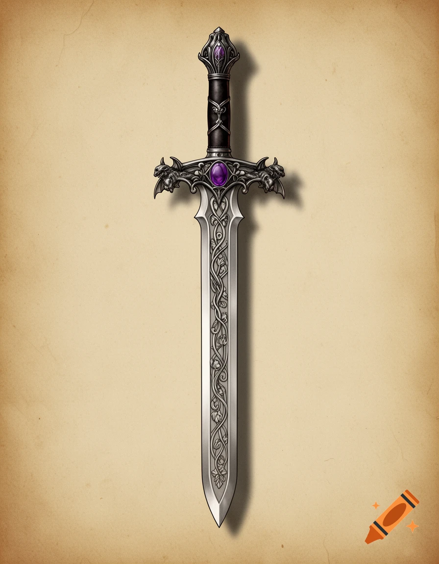 A detailed gothic-style sword with a black hilt, silver blade with intricate carvings, and purple gems, against a beige background.