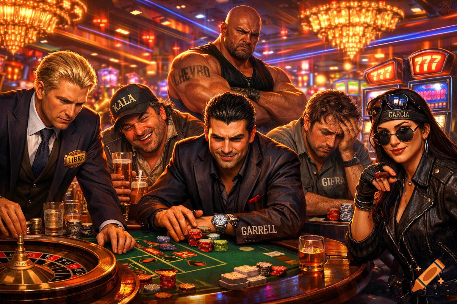 Six diverse friends are at a vibrant casino roulette table; a blonde lawyer, a smiling man in a KALA cap, a muscular man with a CHEVRO tattoo, a central sophisticated man, a distressed man, and a biker woman in a GARCIA headband holding a cigar.