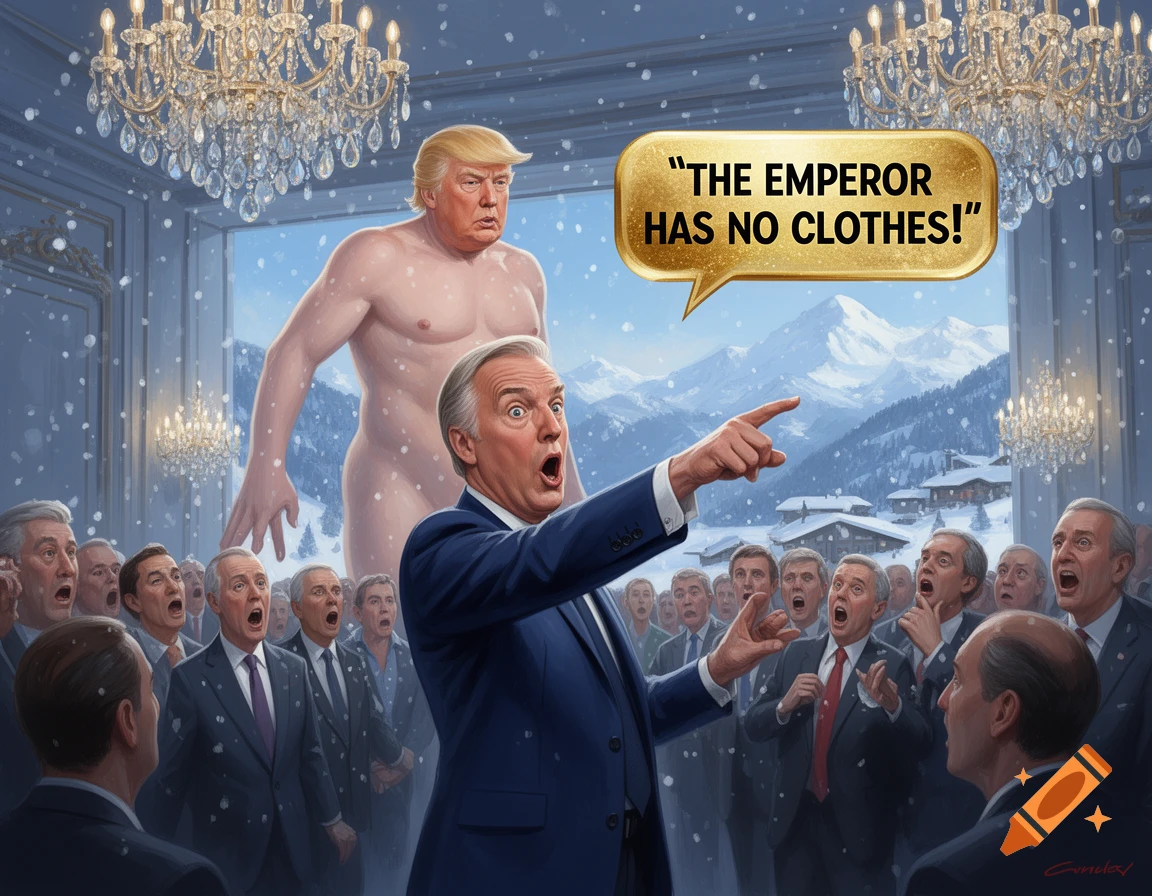 An angry man points at a giant naked Donald Trump in a snowy mountain scene, surrounded by shocked onlookers. Text reads: "THE EMPEROR HAS NO CLOTHES!"