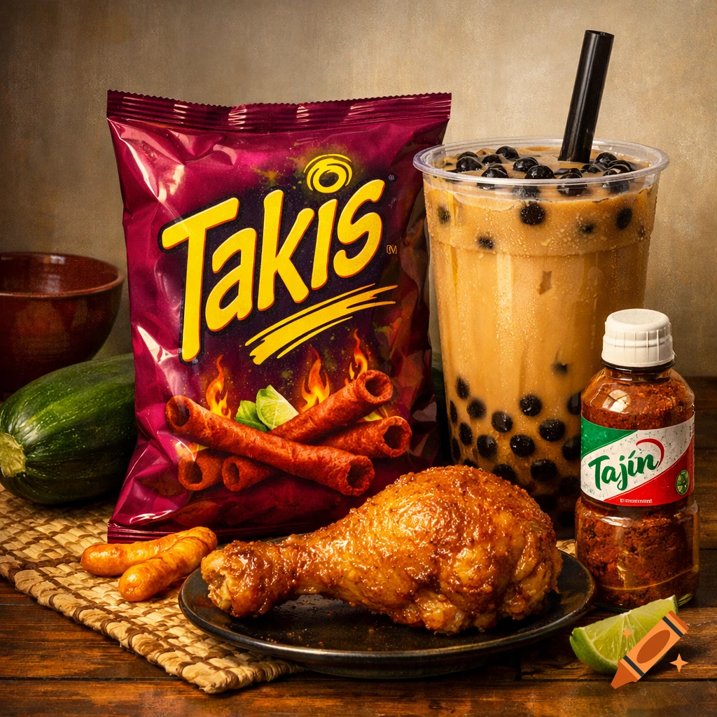 A still life arrangement featuring a bag of Takis, boba tea, fried chicken, a bottle of Taj 00edn, a zucchini, and a lime wedge on a wooden table.