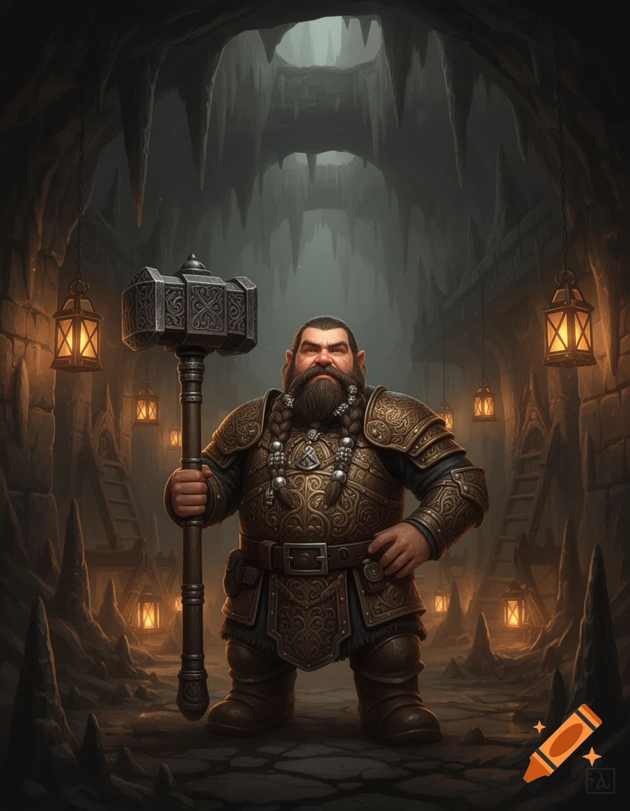 A muscular dwarf in ornate gold armor holds a large hammer, standing in a dimly lit cave lit by hanging lanterns.