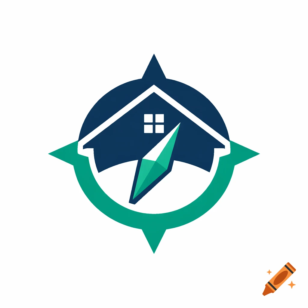 A 2D logo of a house roof combined with a compass rose, with a teal green needle, against a white background.