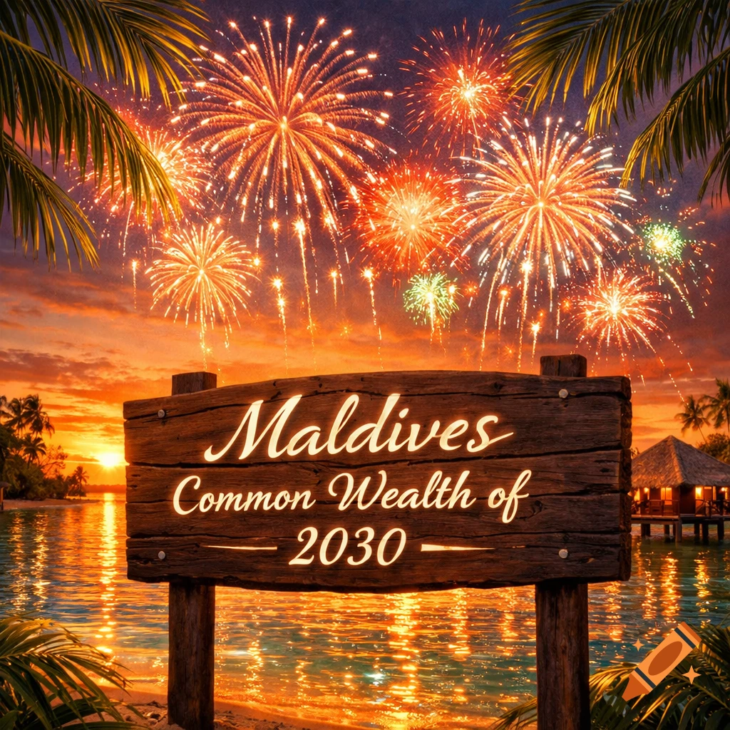 Photorealistic image of a wooden sign on a tropical beach at sunset with fireworks exploding in the sky. The sign reads "Maldives Common Wealth of 2030".