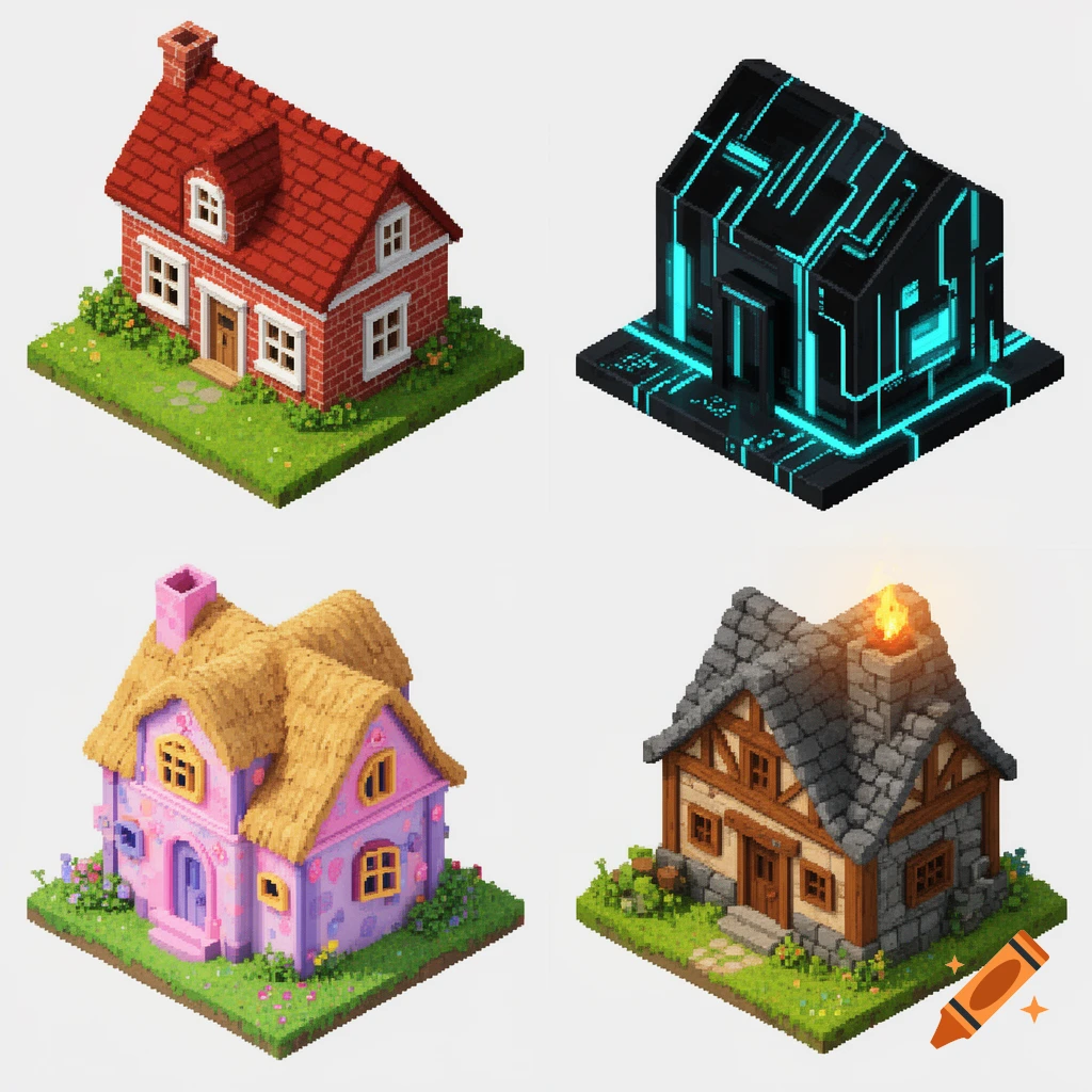 Four distinct isometric pixel art houses: a classic red brick house, a futuristic black and blue structure, a pink fairytale cottage, and a medieval stone house.