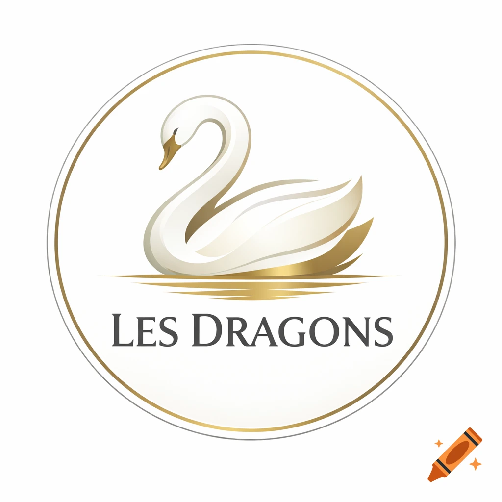 A circular logo featuring a white and gold swan on water, with the text 'LES DRAGONS' below.