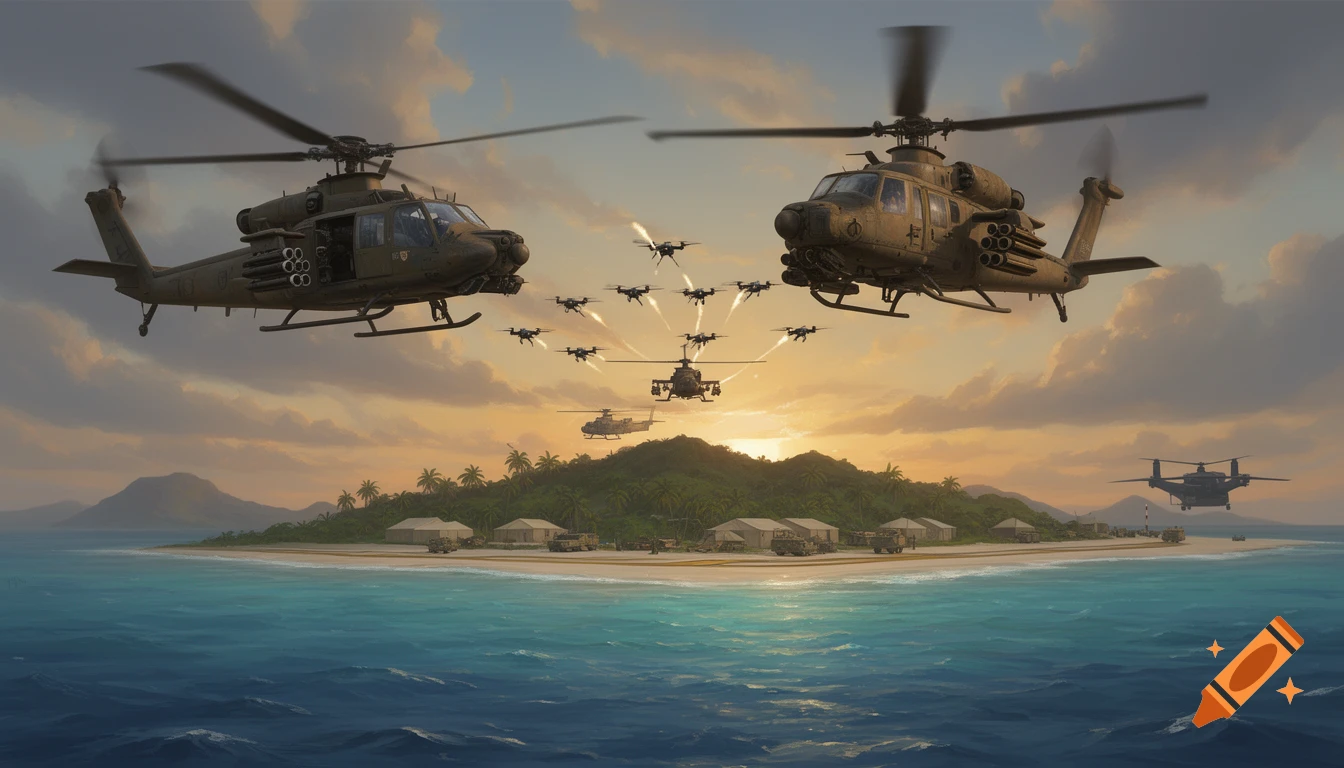 Two large military helicopters fly over a tropical island with drones. Military tents and vehicles are on the beach, with more aircraft landing.