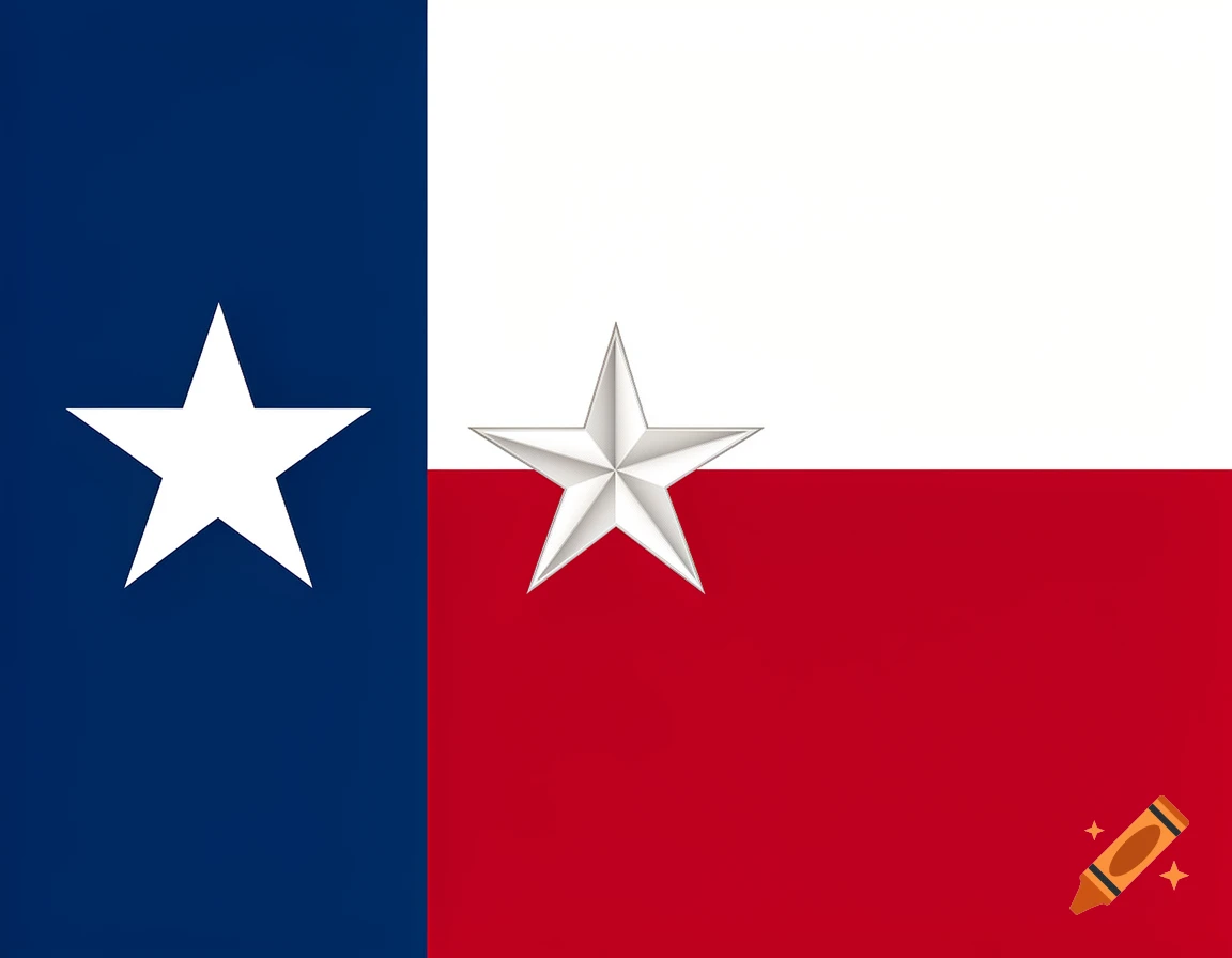 A flag with a blue vertical stripe with a white star, and horizontal white and red stripes featuring a metallic star.